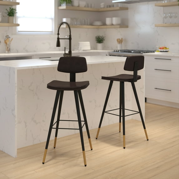 Emma + Oliver Set of 2 Commercial Grade Brown LeatherSoft Barstools with Gold Tipped Iron Legs