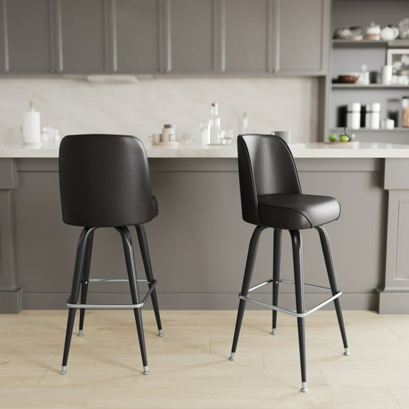 Emma + Oliver Set of 2 Dark Brown Bar Stools with Metal Frames, Vinyl Upholstered Swivel Bucket Seats, and Footrests