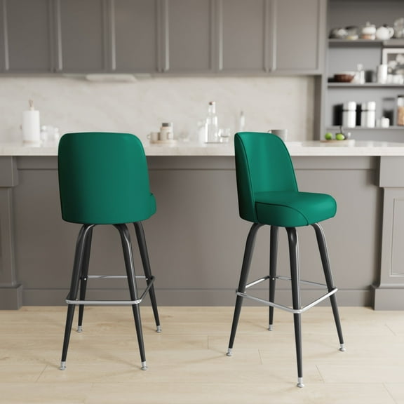 Emma + Oliver Set of 2 Green Bar Stools with Metal Frames, Vinyl Upholstered Swivel Bucket Seats, and Footrests