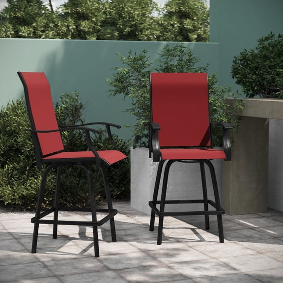 Emma + Oliver Set of 2 High Back Textilene Bar Height Swivel Patio Stools with Armrests in Red