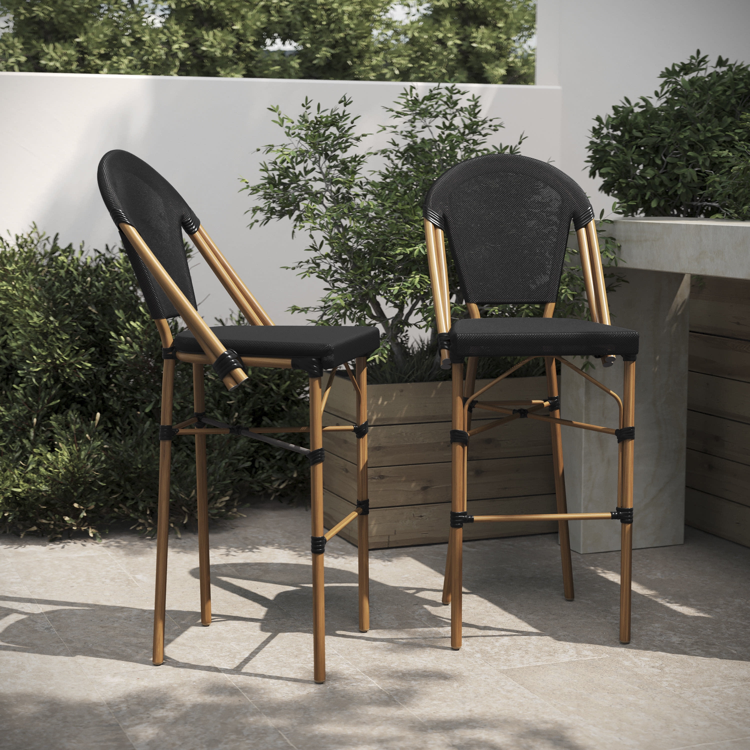 Set of 2 Black and Bamboo Finish Armless Bistro Barstools