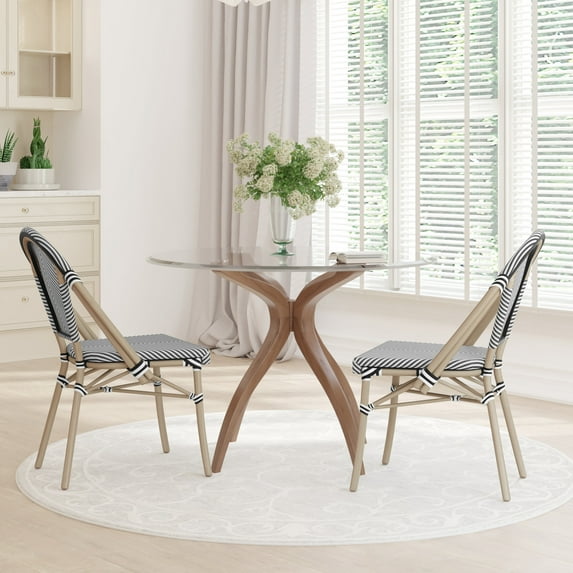 Emma + Oliver Set of 2 Indoor/Outdoor Stacking Bistro Style Chairs with Black & White Patterned Textilene Seat & Light Bamboo Finished Metal Frame