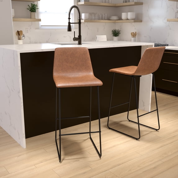 Emma + Oliver Set of 2 Kitchen Bar Height Stool - 30 Inch Light Brown LeatherSoft Barstool