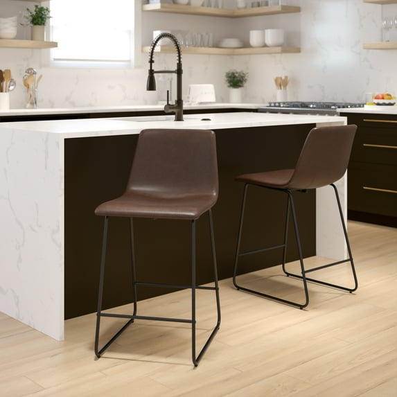 Emma + Oliver Set of 2 Kitchen Counter Height Stool - 24 Inch Dark Brown LeatherSoft Barstool
