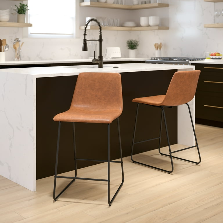 Emma Oliver Set of 2 Kitchen Counter Height Stool 24 Inch Light Brown LeatherSoft Barstool