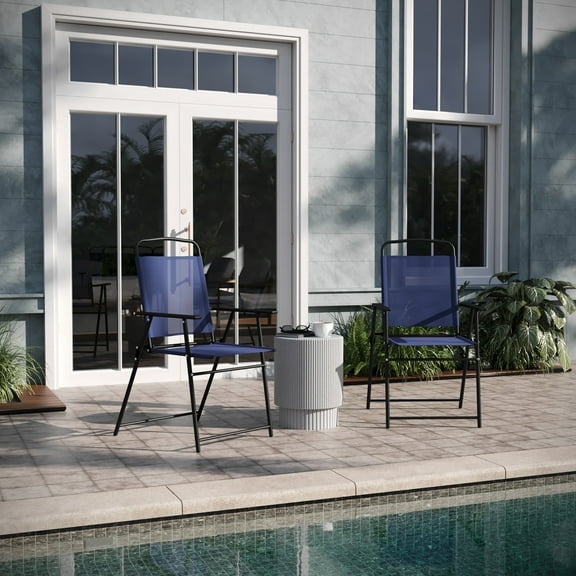Emma + Oliver Set of 2 Navy Textilene Folding Sling Style Patio Chairs with Armrests