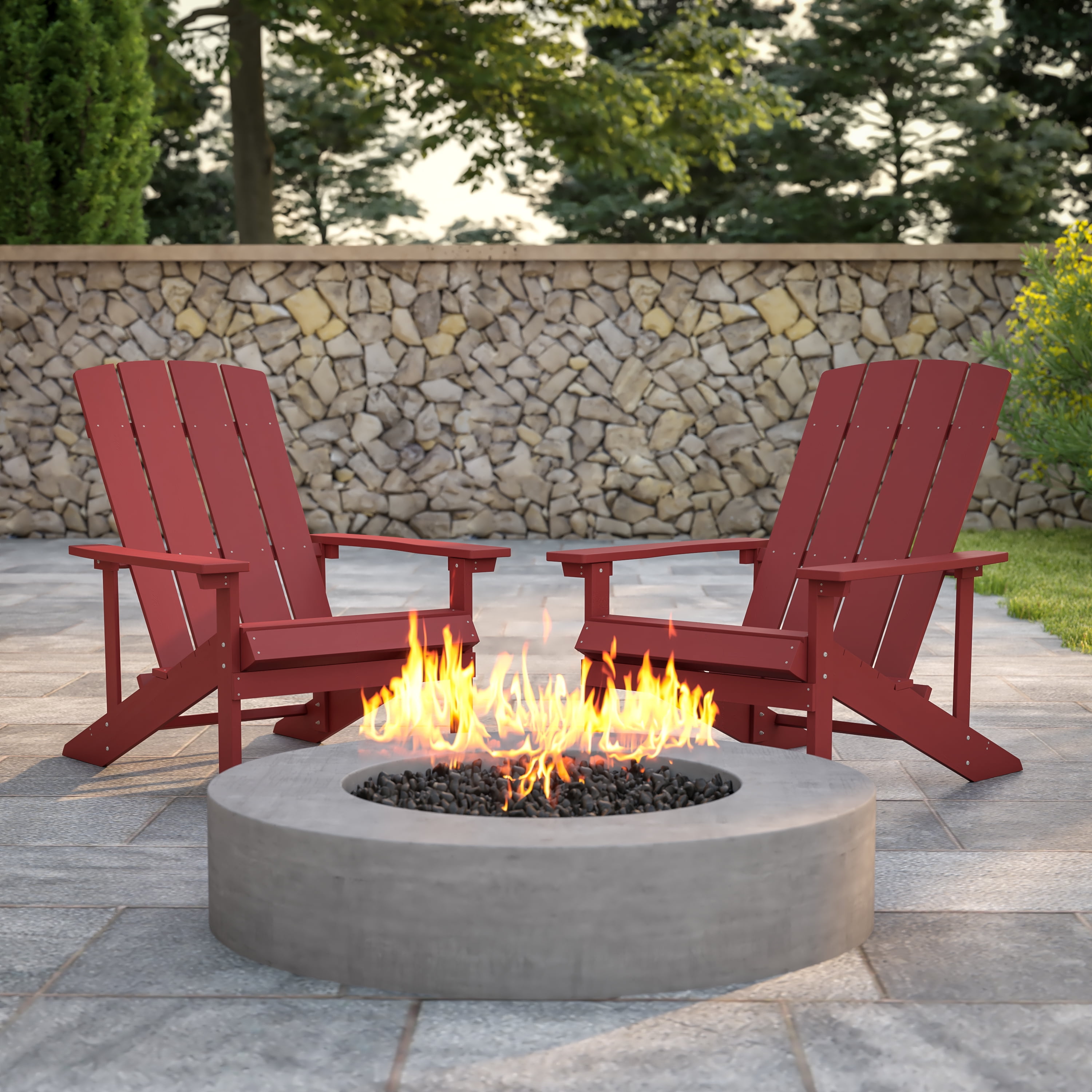 Emma + Oliver Set of 2 Outdoor Red All-Weather Poly Resin Wood Adirondack Chairs
