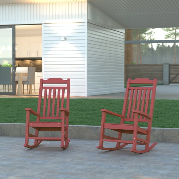 Emma + Oliver Set of 2 Red All-Weather Poly Resin Rocking Chair for Indoor and Outdoor Use