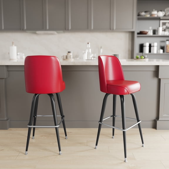 Emma + Oliver Set of 2 Red Bar Stools with Metal Frames, Vinyl Upholstered Swivel Bucket Seats, and Footrests