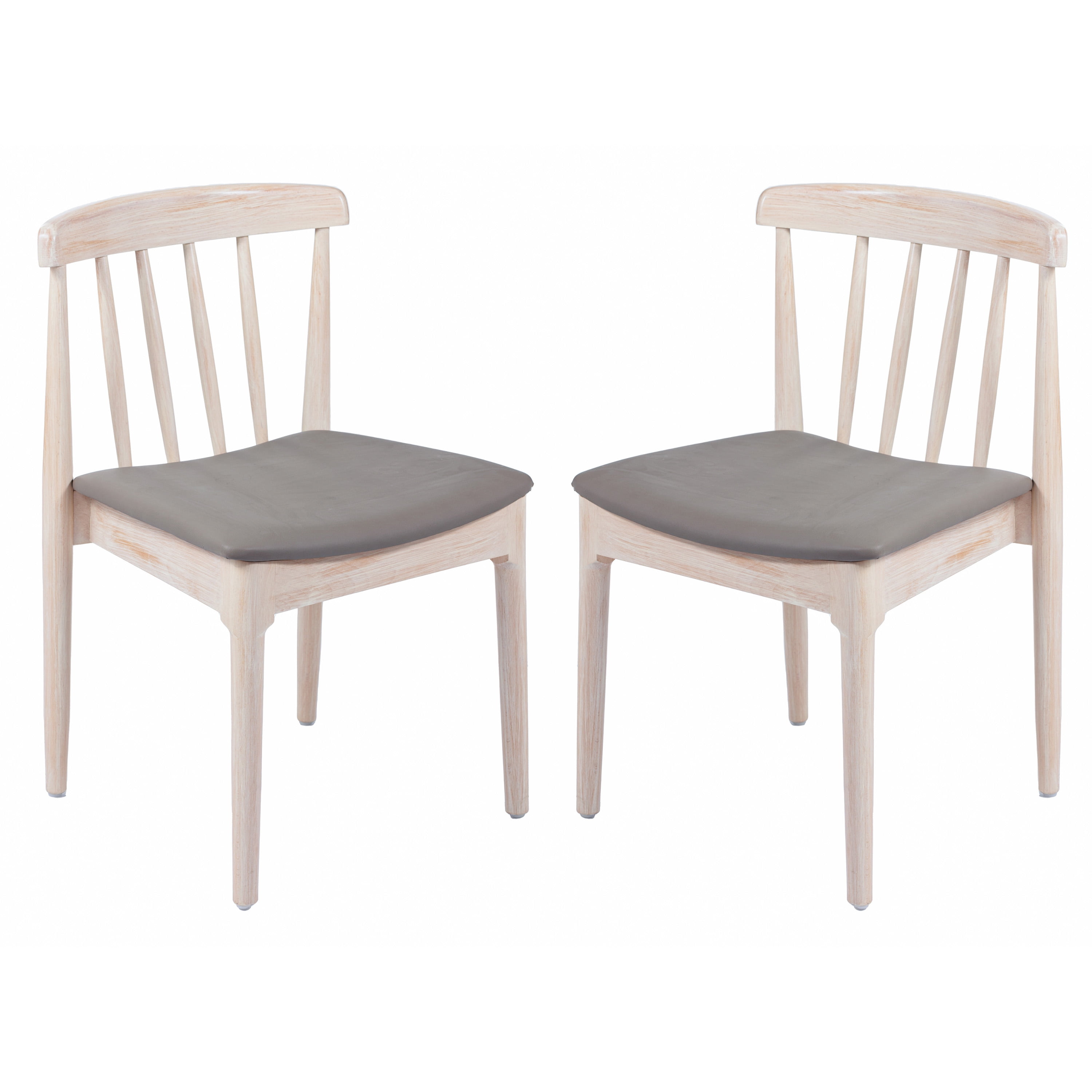 Emma + Oliver Set of 2 Solid Wood Dining Chairs with Spindle Backrests and Vinyl Seats, Antique White/Beige
