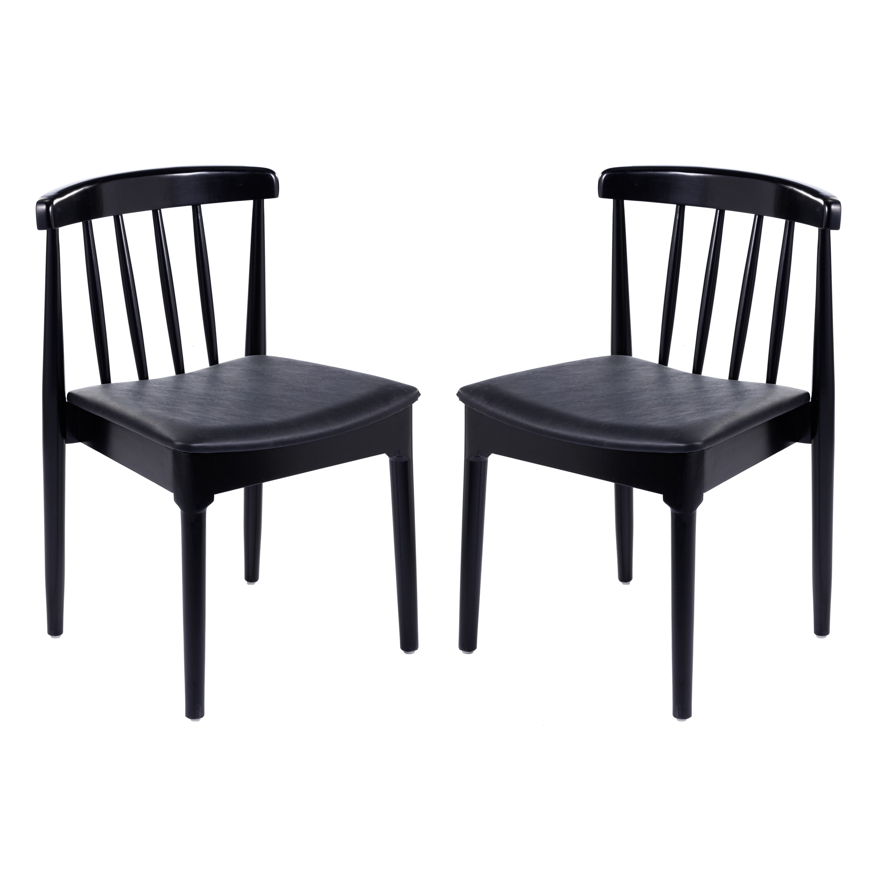 Emma + Oliver Set of 2 Solid Wood Dining Chairs with Spindle Backrests and Vinyl Seats, Black/Black