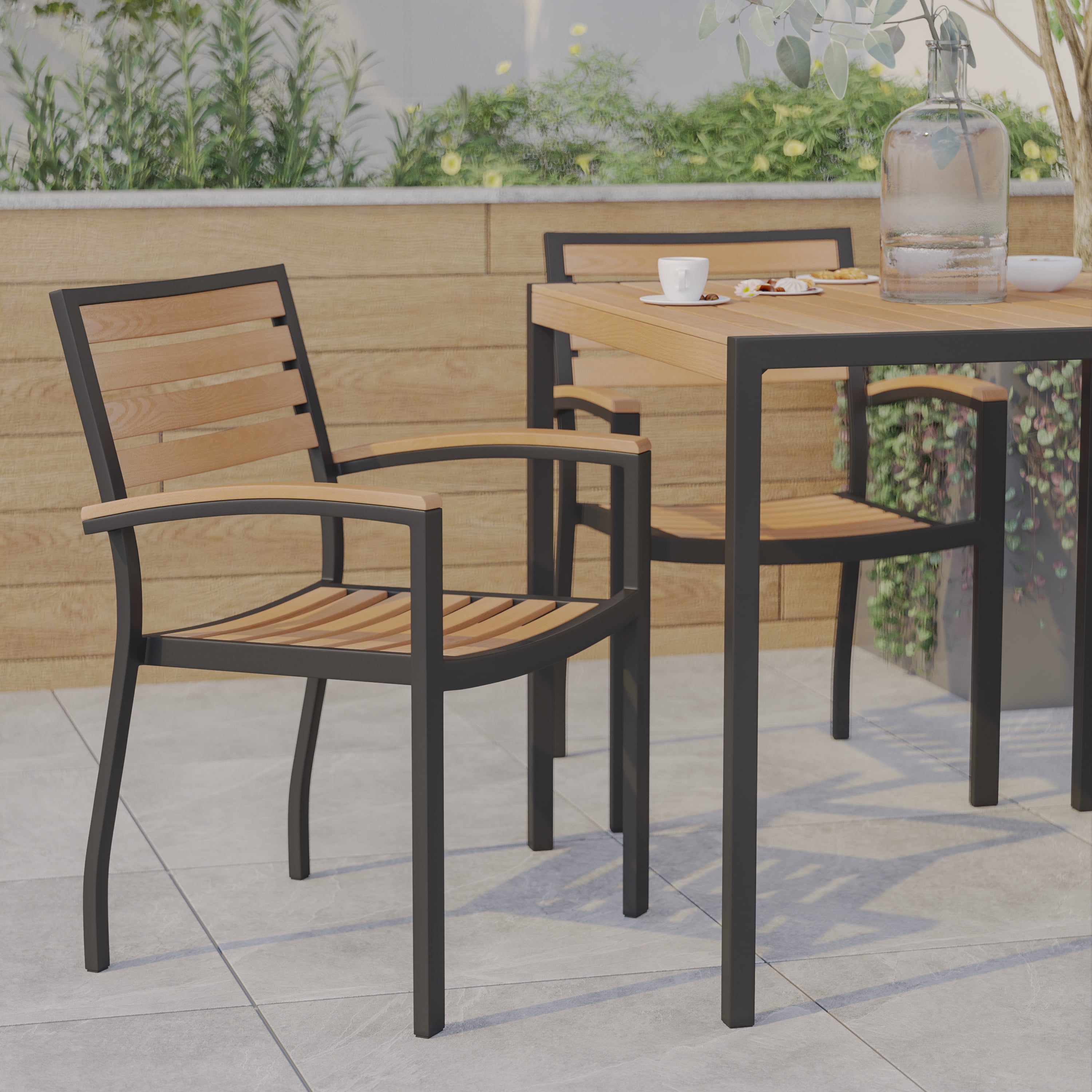Emma + Oliver Set of 2 Stackable All-Weather Black Aluminum Patio Chairs with Faux Teak Slats
