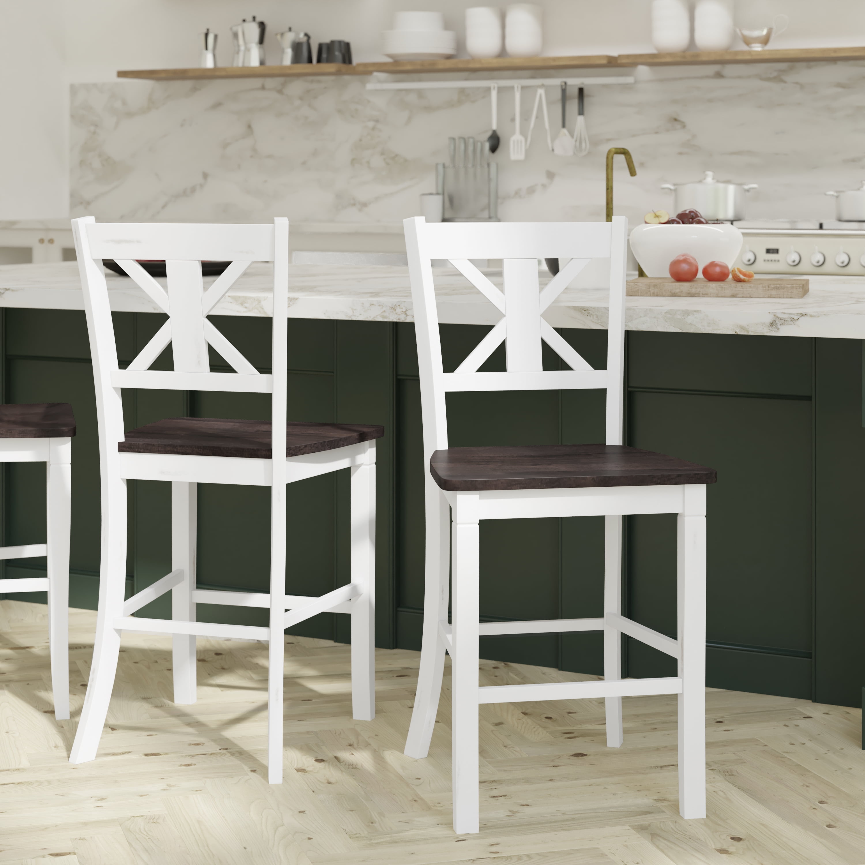 Emma Oliver Set of 2 Wooden Modern Farmhouse Counter Height Dining Stool in Whitewash with Decorative Carved Backrest and Wood Seat