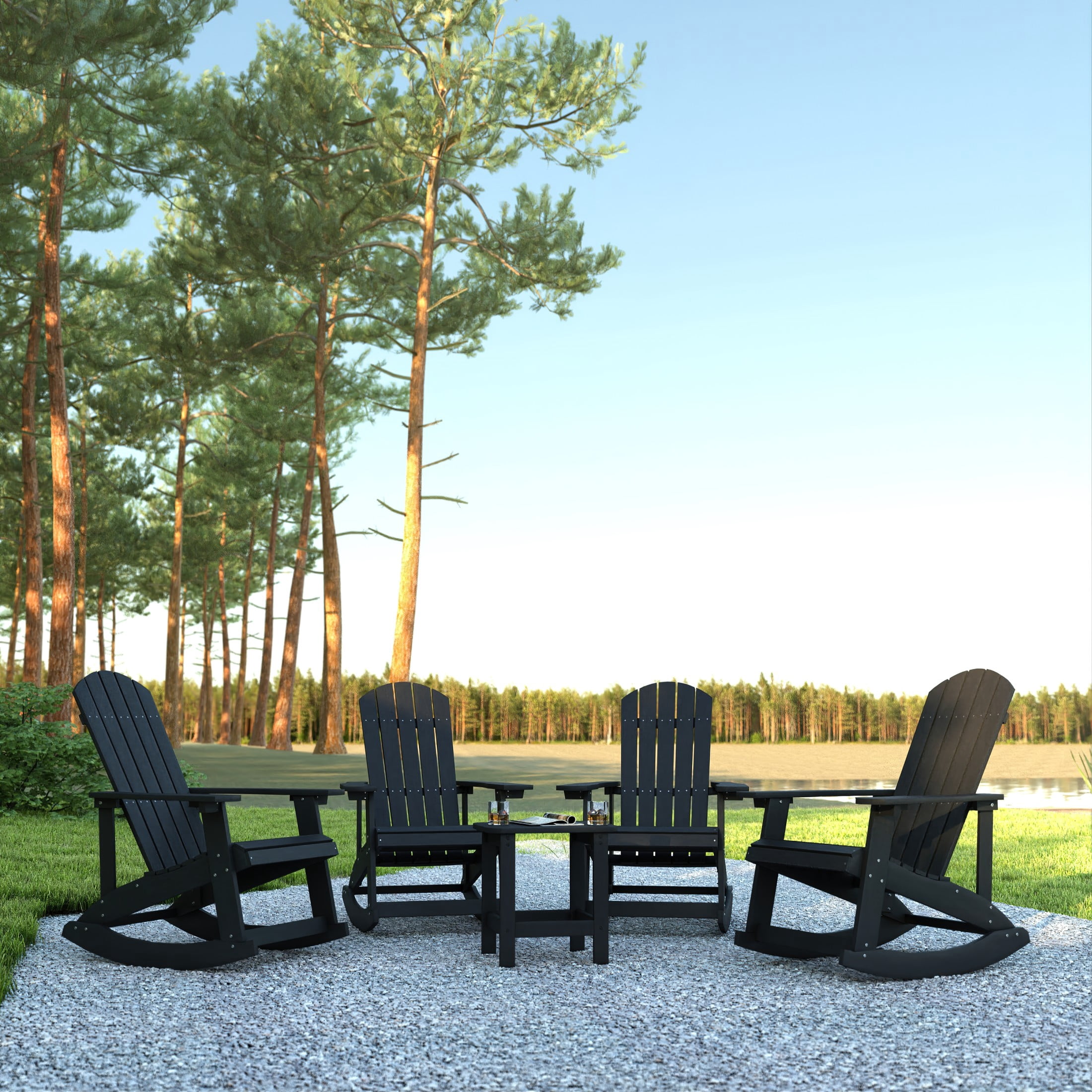 Emma + Oliver Set of 4 Classic All-Weather Poly Resin Rocking Adirondack Chairs in Black with Matching Side Table for Year Round Use