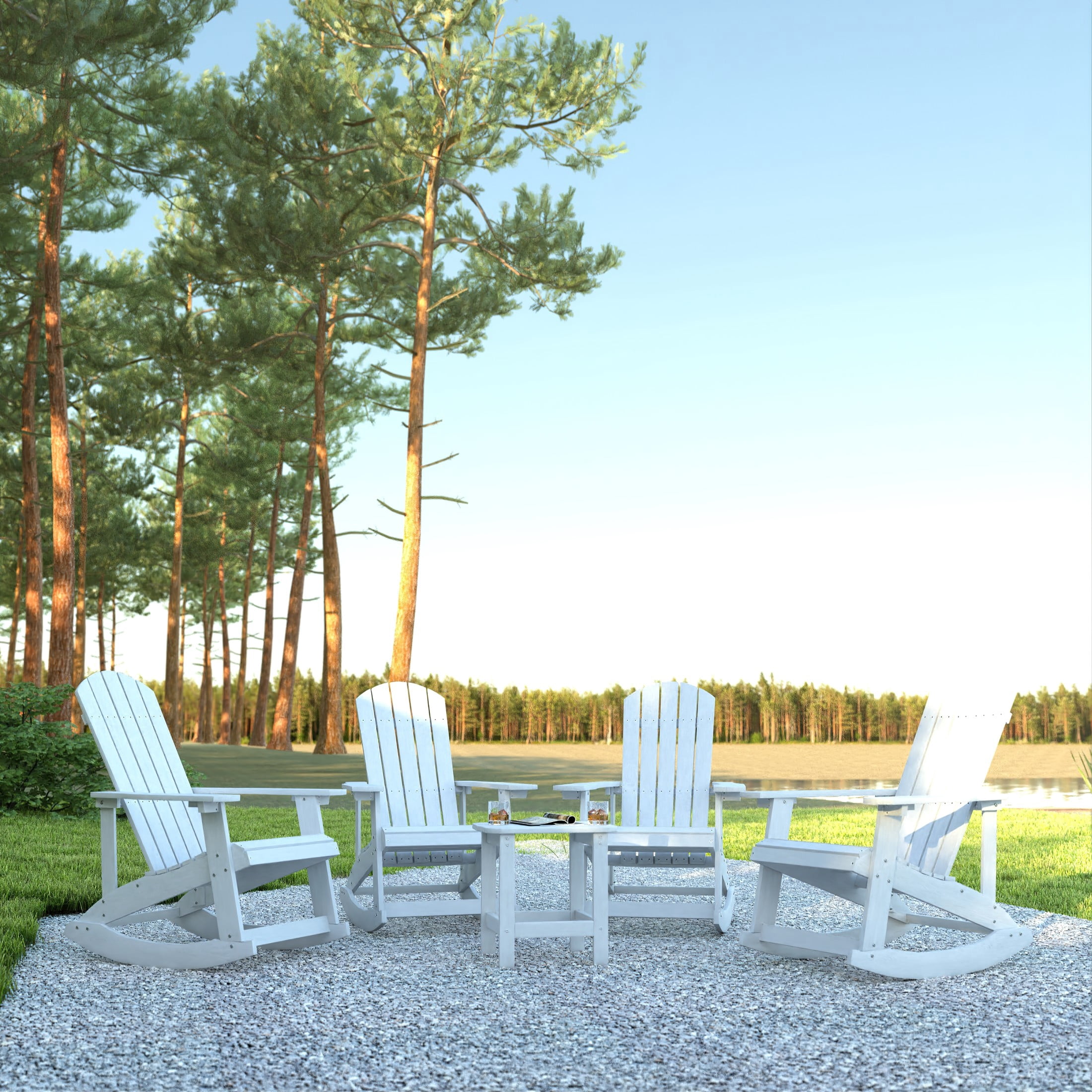 Emma + Oliver Set of 4 Classic All-Weather Poly Resin Rocking Adirondack Chairs in White with Matching Side Table for Year Round Use