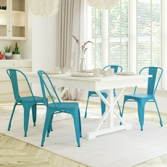 Emma + Oliver Set of 4 Commercial Grade Distressed Blue Metal Indoor-Outdoor Stackable Chairs