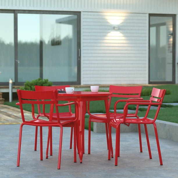 Emma Oliver Set of 4 Powder Coated Steel Stacking Dining Chairs with Arms and 2 Slat Backs for Indoor Outdoor Use in Red Walmart Business Supplies