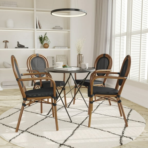 Emma + Oliver Set of Four Indoor/Outdoor Stacking Thonet Bistro Style Chairs with Arms, Black Textilene Seat and Natural Bamboo Finished Metal Frame
