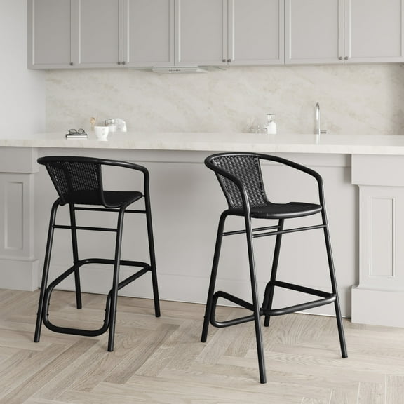 Emma + Oliver Set of Four Indoor/Outdoor Stacking Thonet Bistro Style Chairs with Arms, Black & White Textilene Seat and LT NAT Bamboo Metal Frame