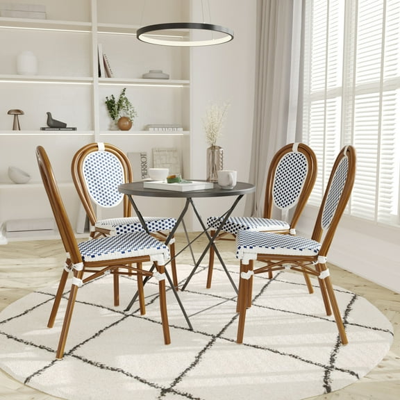 Emma + Oliver Set of Four Indoor/Outdoor Stacking Thonet Bistro Style Chairs with White & Navy PE Rattan Seat and Natural Bamboo Finished Metal Frame