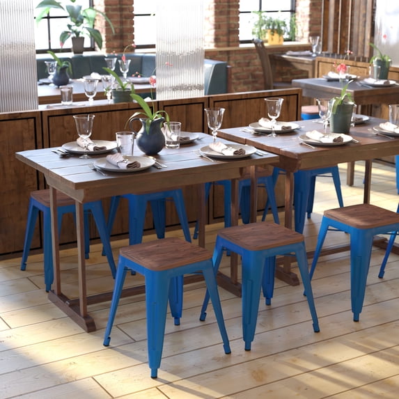 Emma + Oliver Set of Four Royal Blue Table Height Backless Stacking Welded Iron Stools with Wooden Seats and Under Seat Bracing for Indoor Use