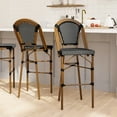thumbnail image 1 of Emma + Oliver Set of Two 30" High Stacking Bistro Bar Stools with Black and White PE Seat and Back and Bamboo Metal Frame for Indoor/Outdoor Use, 1 of 12