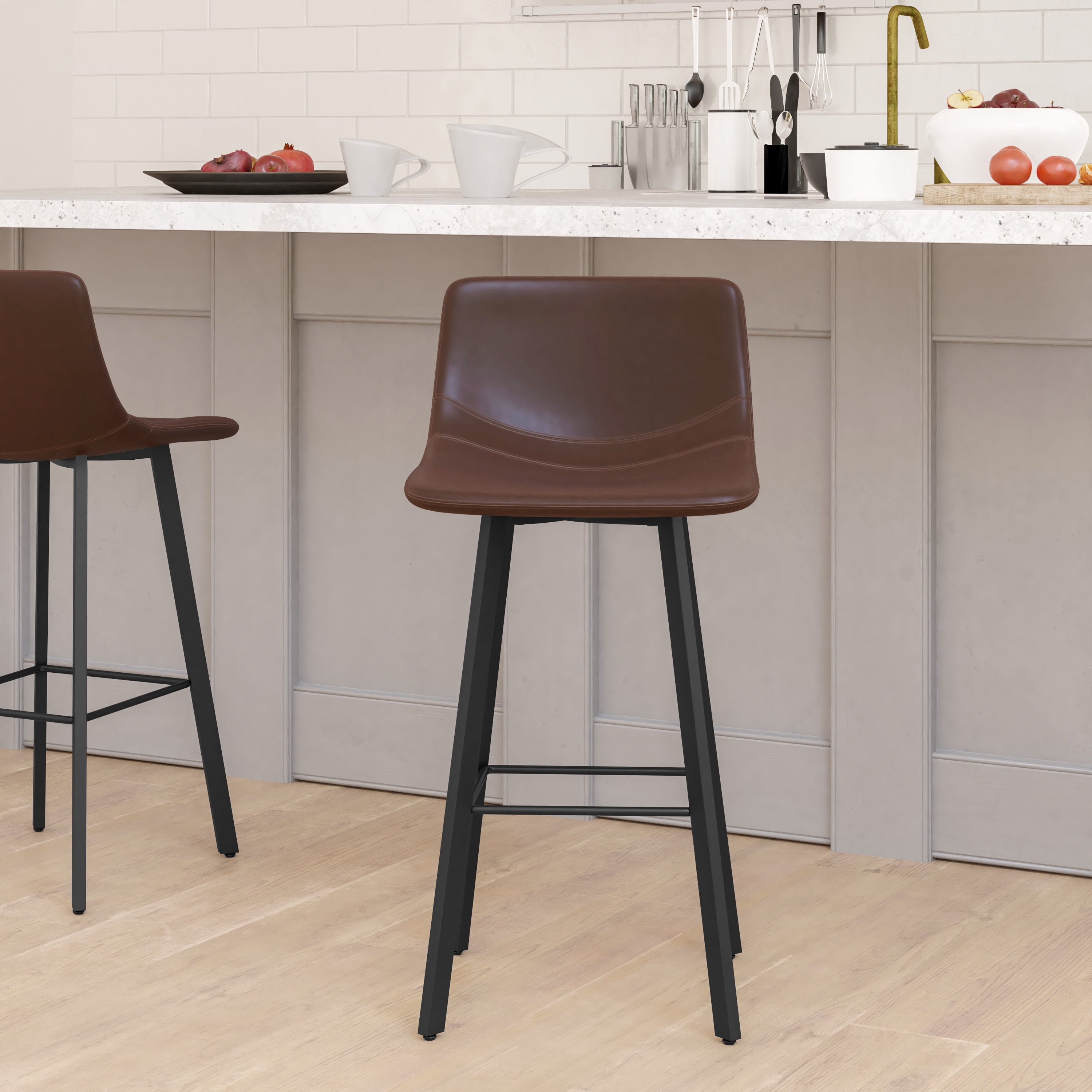 Emma Oliver Set of Two 30 Modern Faux Leather Upholstered Low Back Barstools Matte Black Metal Frames and Plastic Floor Glides in Chocolate Brown