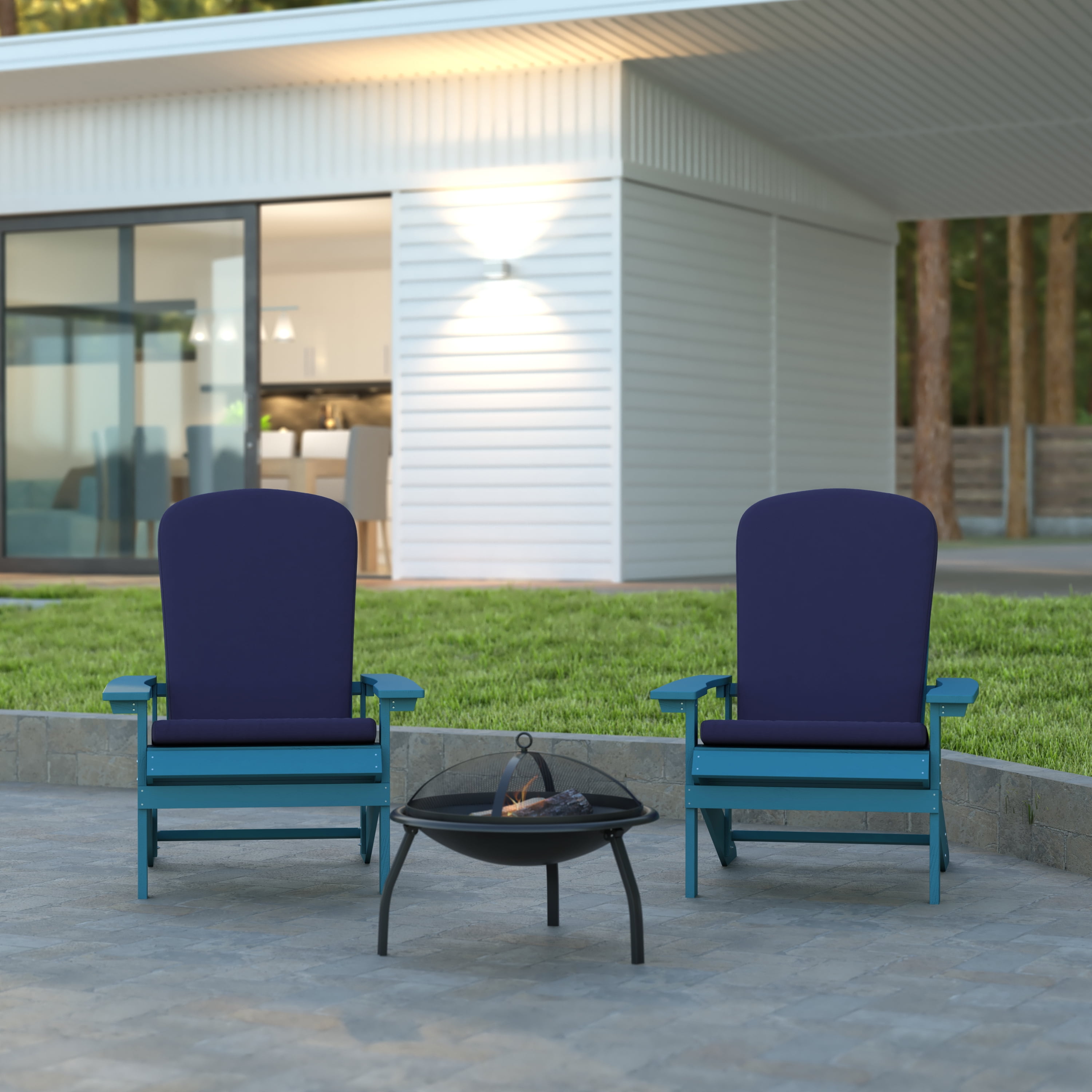 Emma + Oliver Set of Two Blue All-Weather Polyresin Adirondack Chairs with Blue Cushions