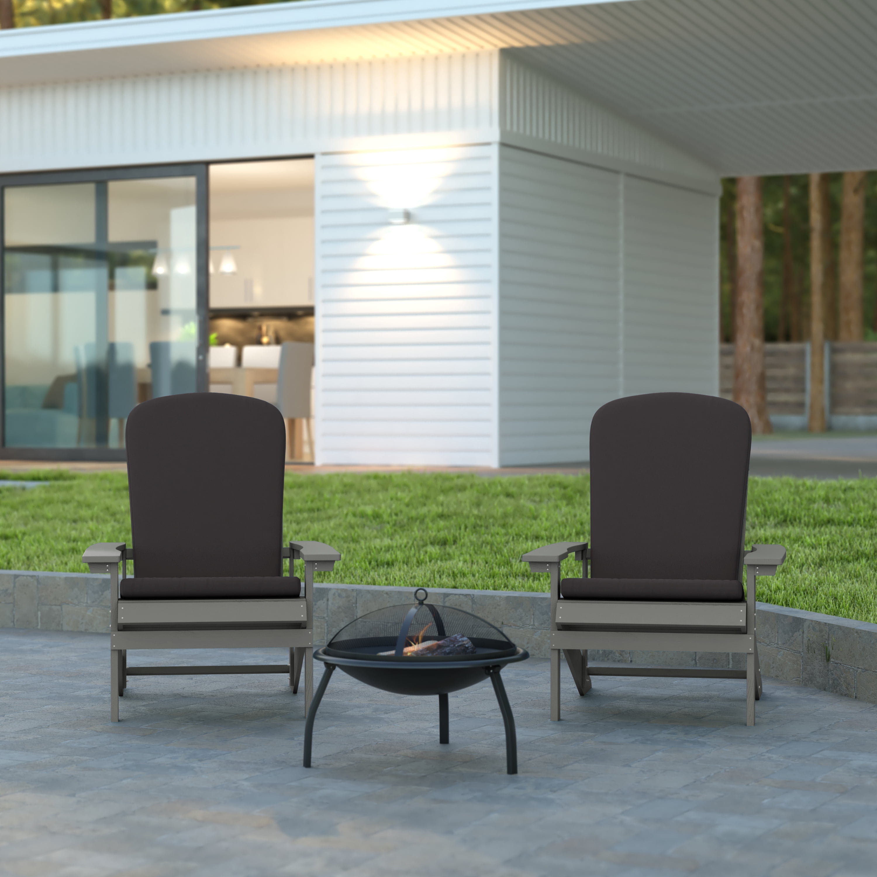 Emma + Oliver Set of Two Gray All-Weather Polyresin Adirondack Chairs with Gray Cushions