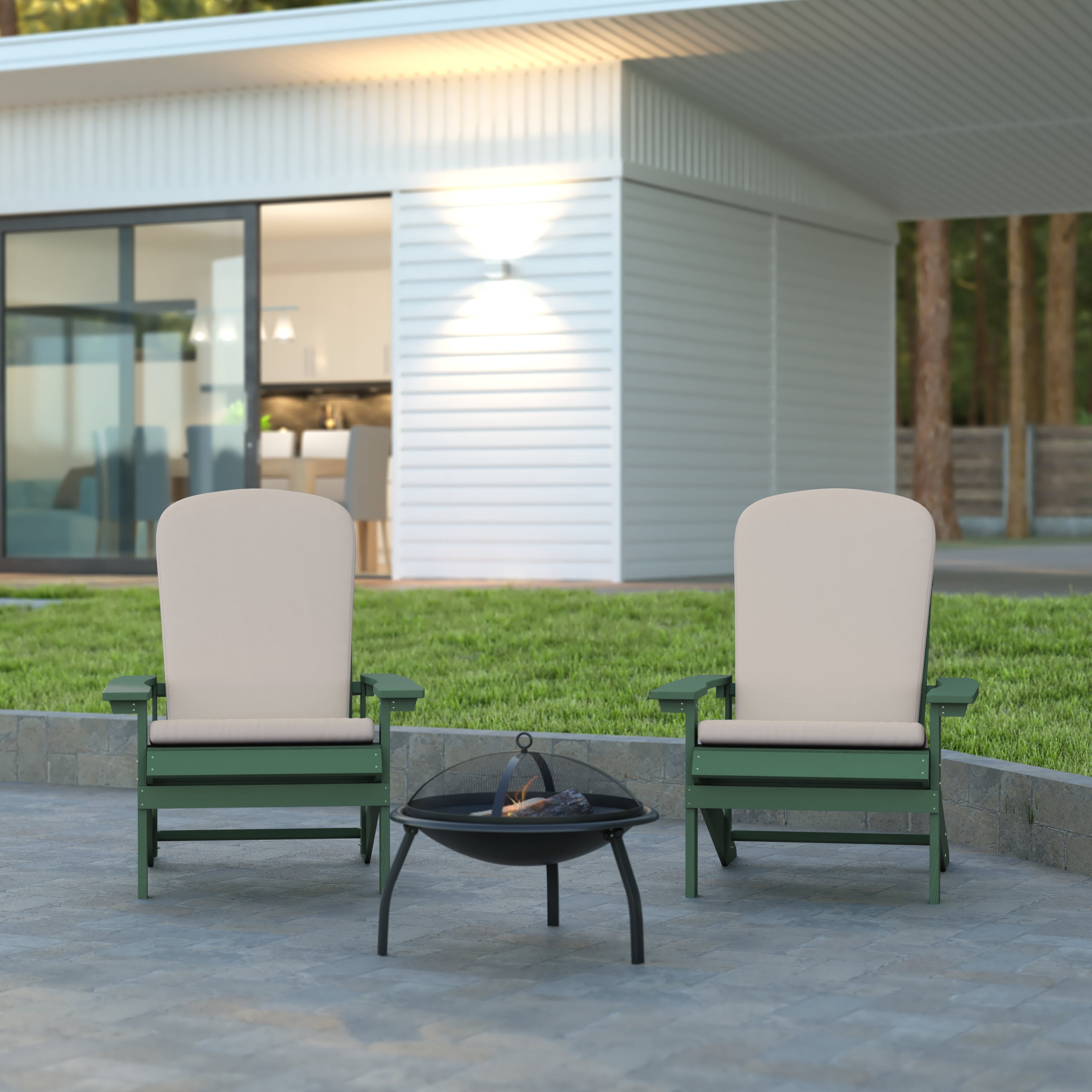 Emma + Oliver Set of Two Green All-Weather Polyresin Adirondack Chairs with Cream Cushions