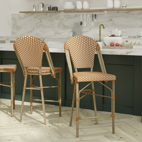 Emma + Oliver Set of Two Indoor/Outdoor 26" High Stacking Bistro Counter Stool with White/Natural Patterned Seat & Light Natural Metal Frame