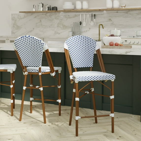 Emma + Oliver Set of Two Indoor/Outdoor 26" High Stacking Bistro Counter Stool with White and Navy Patterned Seat and Back and Bamboo Metal Frame