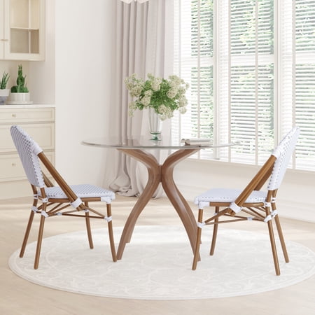Emma + Oliver Set of Two Indoor/Outdoor Stacking Bistro Chairs with White and Gray Patterned Seat and Back and Bamboo Finished Aluminum Frame