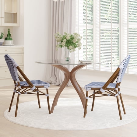 Emma + Oliver Set of Two Indoor/Outdoor Stacking Bistro Chairs with White and Navy Patterned Seat and Back and Bamboo Finished Aluminum Frame