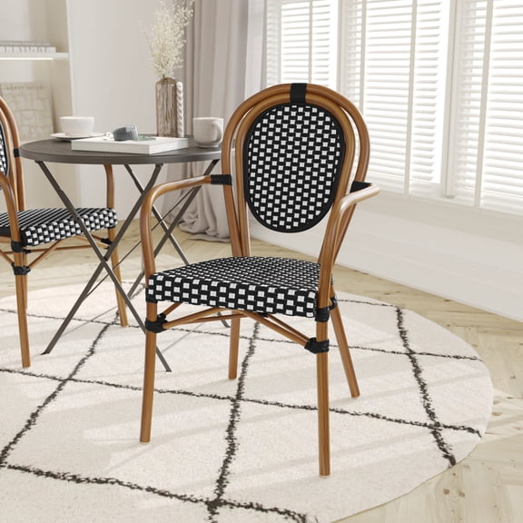 Emma + Oliver Set of Two Indoor/Outdoor Stacking Thonet Bistro Style Chairs with Arms, Black Textilene Seat and Natural Bamboo Finished Metal Frame