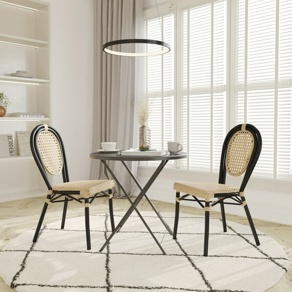Emma + Oliver Set of Two Indoor/Outdoor Stacking Thonet Bistro Style Chairs with Natural PE Cane Rattan Seat and Black Finished Metal Frame