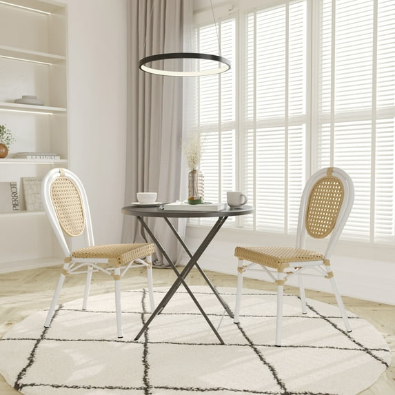 Emma + Oliver Set of Two Indoor/Outdoor Stacking Thonet Bistro Style Chairs with Natural PE Cane Rattan Seat and White Finished Metal Frame