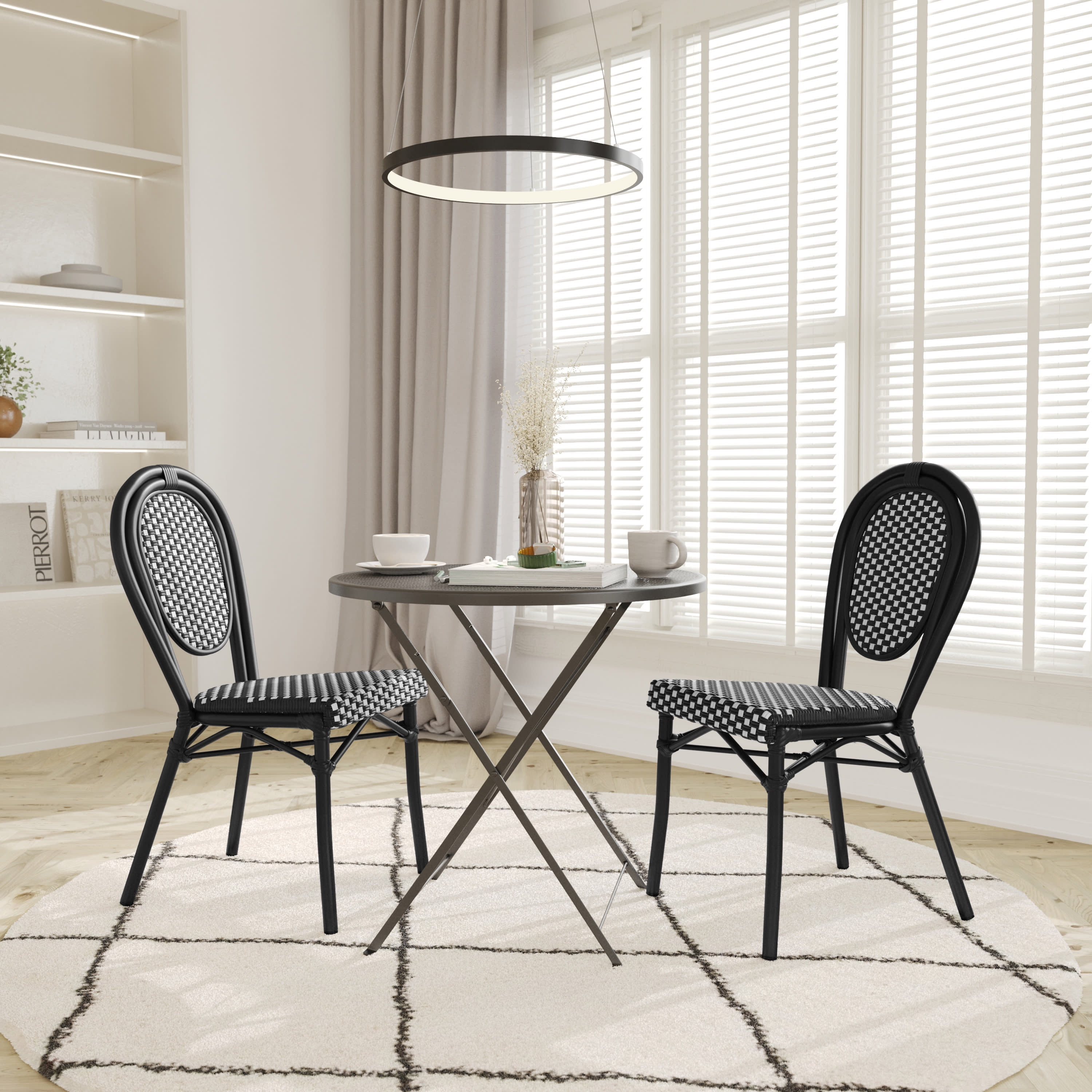 Black and White Metal Bistro Dining Side Chairs, Set of Two