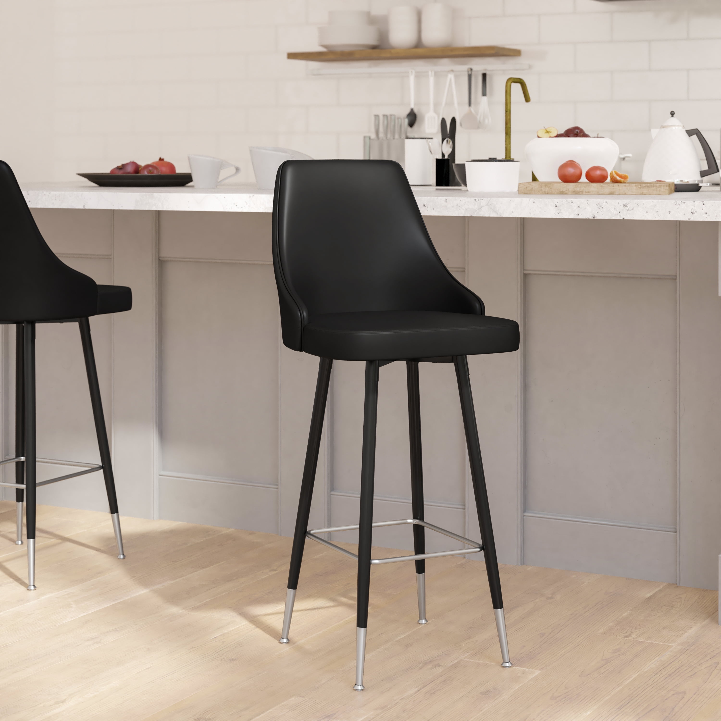 Black Faux Leather Bar Height Stools with Chrome Accents, Set of Two