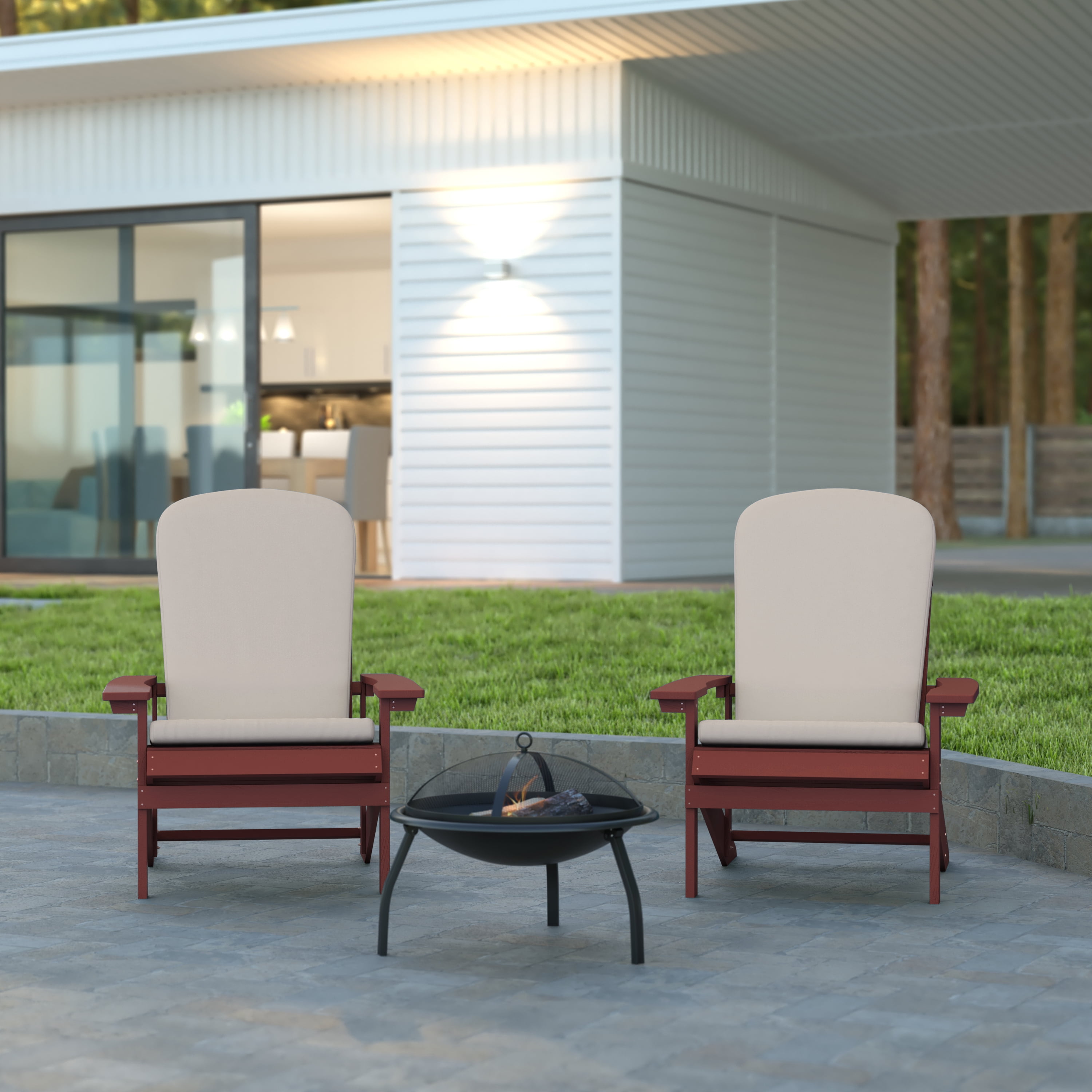 Emma + Oliver Set of Two Red All-Weather Polyresin Adirondack Chairs with Cream Cushions