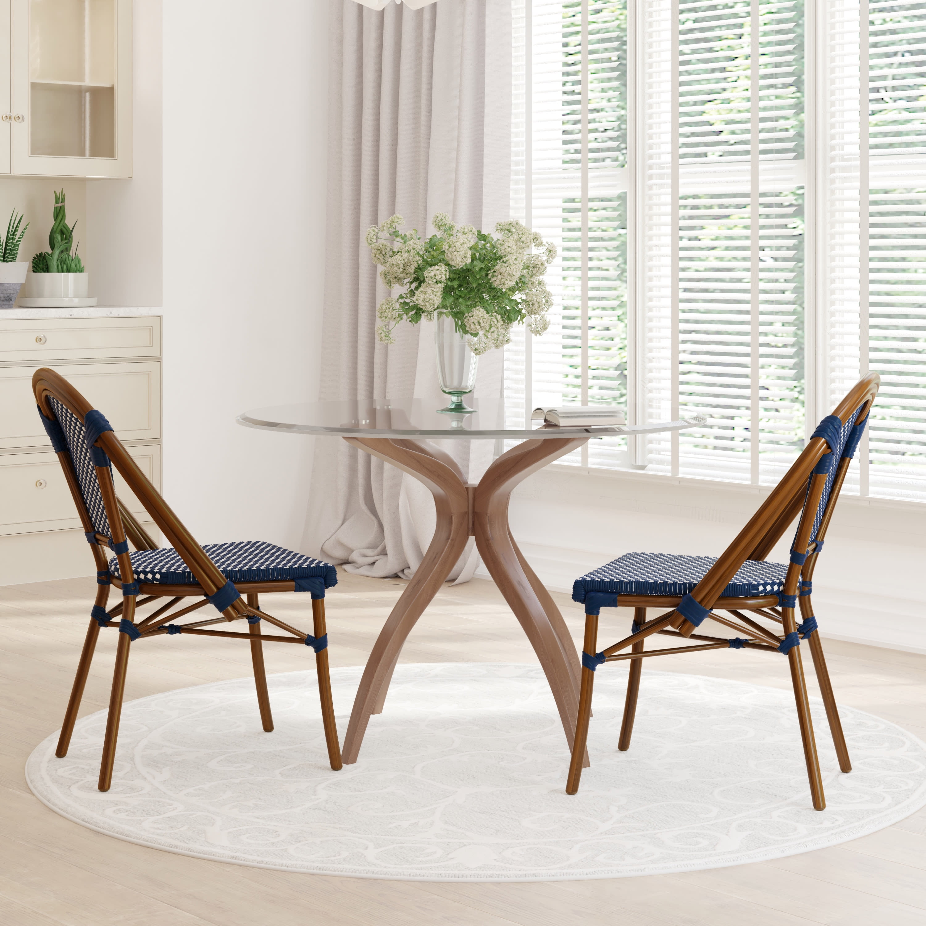 Navy and White PE Rattan Bistro Chairs with Bamboo Finish Aluminum Frame, Set of Two