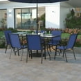 thumbnail image 1 of Emma + Oliver Seven Piece Patio Table Set with 31.5" x 55" Metal Table with Tempered Glass Top and 6 Navy Flex Comfort Stacking Chairs, 1 of 11