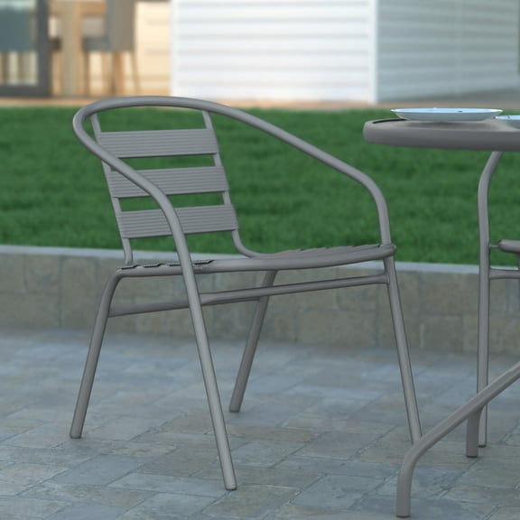 Emma + Oliver Silver Metal Dining Chair with Triple Slatted Back and Armrests for Indoor and Outdoor Use