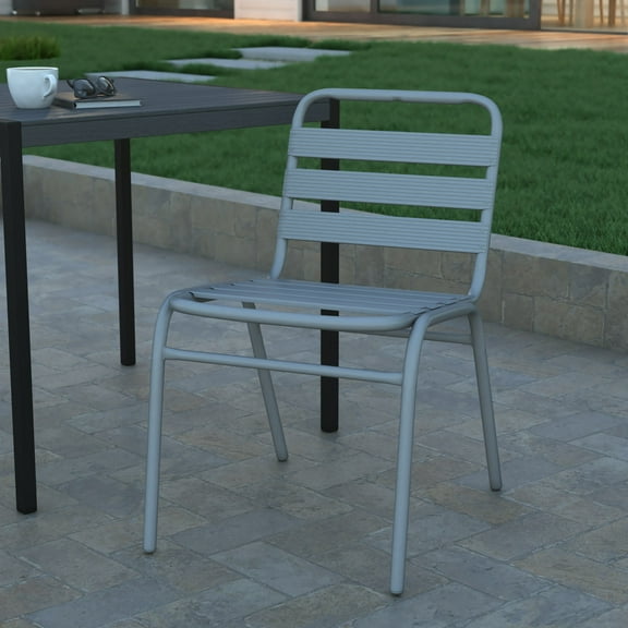 Emma + Oliver Silver Metal Dining Chair with Triple Slatted Back for Indoor and Outdoor Use