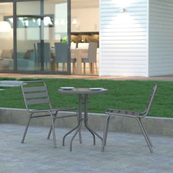 Emma + Oliver Silver Metal Patio Table with 23.75'' Round Tempered Glass Top