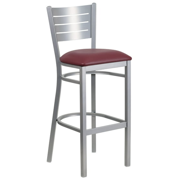 Emma + Oliver Silver Slat Back Metal Barstool, Burgundy Vinyl Seat