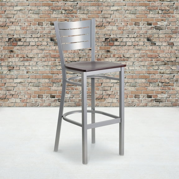 Emma + Oliver Silver Slat Back Metal Barstool, Mahogany Wood Seat