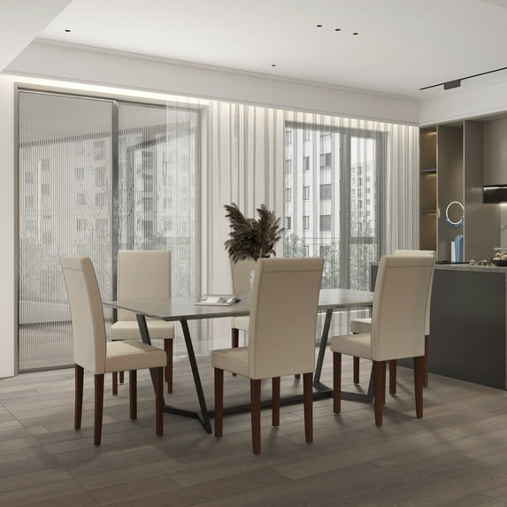 Emma + Oliver Six Mid-Century Beige Faux Leather Parsons Chairs and Mahogany Finished Hardwood Frame for Kitchen, Dining Room & More