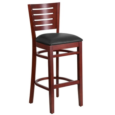 Emma + Oliver Slat Back Mahogany Wood Barstool, Black Vinyl Seat