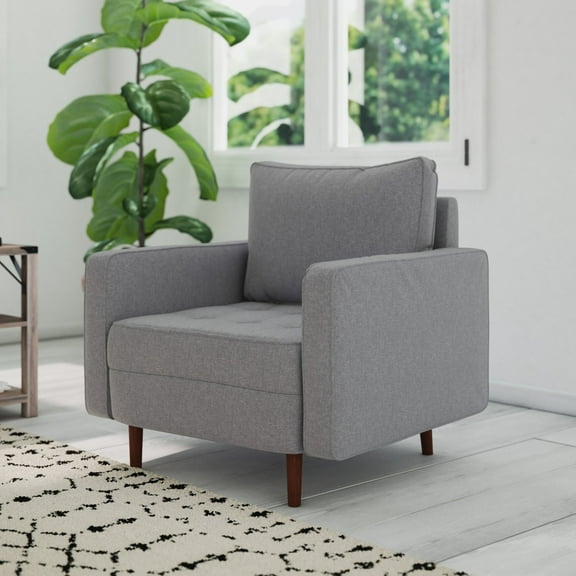 Emma + Oliver Slate Gray Faux Linen Upholstered Mid-Century Modern Pocket Spring Accent Chair with Wooden Legs and Removable Back Pillows